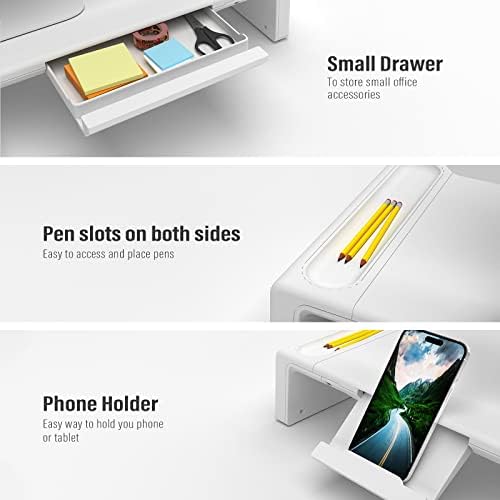 OImaster Monitor Stand Riser, Foldable Computer Monitor Riser, Adjustable Height Computer Stand and Storage Drawer & Pen Slot, Phone Stand Compatible Computer, Desktop, Laptop, Save Space (White) - Image 3
