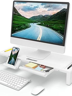 OImaster Monitor Stand Riser, Foldable Computer Monitor Riser, Adjustable Height Computer Stand and Storage Drawer & Pen Slot, Phone Stand Compatible Computer, Desktop, Laptop, Save Space (White)