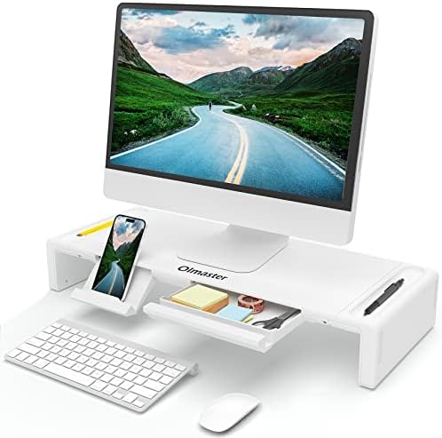 OImaster Monitor Stand Riser, Foldable Computer Monitor Riser, Adjustable Height Computer Stand and Storage Drawer & Pen Slot, Phone Stand Compatible Computer, Desktop, Laptop, Save Space (White)