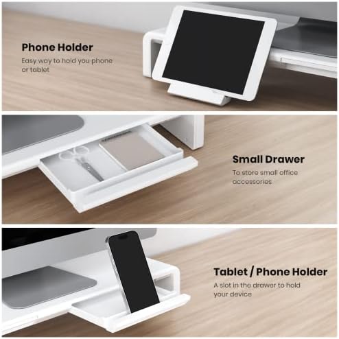 Klearlook Monitor Stand Riser, Foldable Computer Monitor Stand, Height Adjustable Computer Stand with Storage Drawer & Tablet Phone Stand, Desktop Stand for Computer Laptop Printer (White) - Image 3